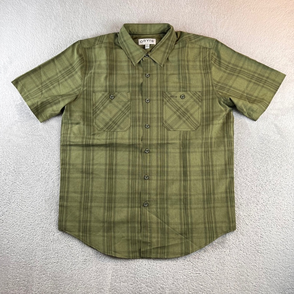 Orvis Mens Short Sleeve Plaid Button Down Shirt Olive Green Size Medium